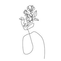 Woman Head with Flowers Line Art Vector Drawing. Style Template with Female Face with Flowers and Leaves. Modern Minimalist Simple Linear Style. Beauty Fashion Design