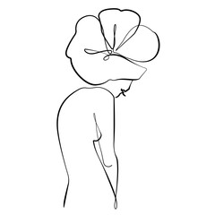 Trendy Line Art Drawing of Woman Silhouette with Flower. Woman Body Abstract Minimal Black Lines Drawing. Female Silhouette for Modern Scandinavian Design. Naked Body Art. Vector Illustration.
