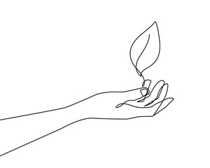 Leaves in Hand Black Sketch Isolated on White Background. Ecology Symbol for Modern Design. Hand with Plant One Line Illustration. Minimalist Botanical Drawing. Vector EPS 10.