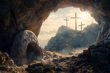 The empty tomb Jesus resurrected as in bible - obrazy, fototapety, plakaty