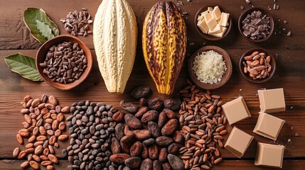 Obraz premium A delectable array of chocolate delight, cacao pod, beans, cocoa nibs, white and dark chocolate chunks, with cacao plant leaves, on rustic wood. 