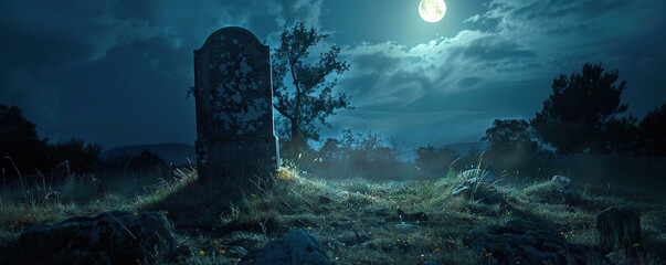Full moon illuminating a solitary gravestone in a serene nighttime cemetery. Copy space