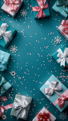 Banner with many gift boxes tied velvet ribbons and paper decorations on turquoise background. Christmas background.