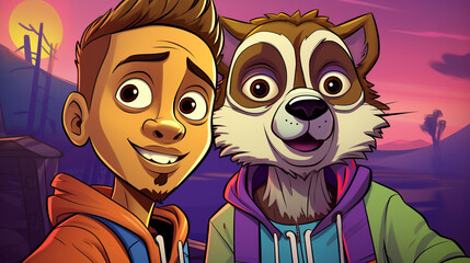 Naklejka premium A cartoon of a man and a raccoon are smiling for the camera