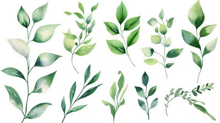 Botanical Illustration of Various Green Leaves