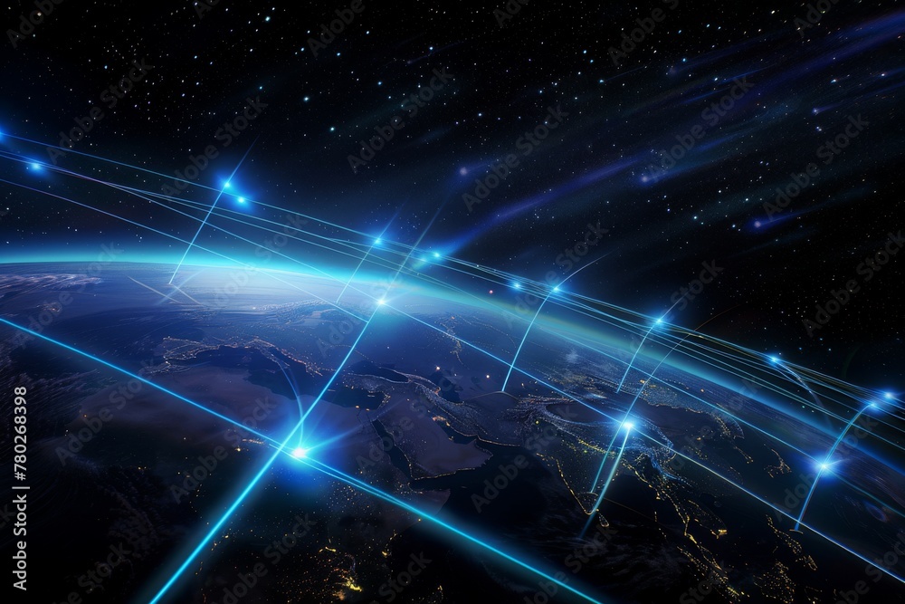 Poster Satellite Beams Crisscross Over Earth, Illustrating the Global Web of Communication and Navigation, Generative AI