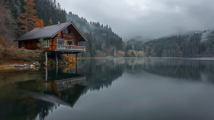 Fototapeta na wymiar Lonely wooden rest house on the lake shore. Cloudy weather and slight fog