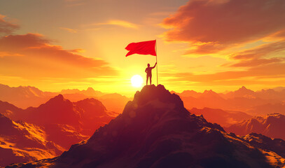 Illustration of silhouette business man on top of mountain holding a victory flag , Concept of leadership successful achievement with goal