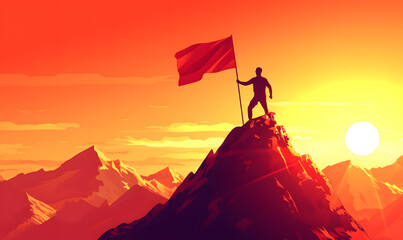 Illustration of silhouette man on top of mountain holding a victory flag , Concept success business idea , career ladder