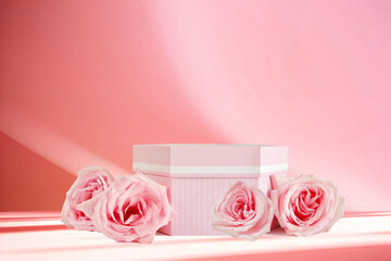Pink product podium placement with roses flowers  on fabric background, Empty podium with rose and...