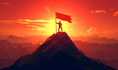 Illustration of silhouette man on top of mountain holding a victory flag , concept of leadership successful achievement with goal