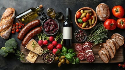 still life with food and wine - obrazy, fototapety, plakaty