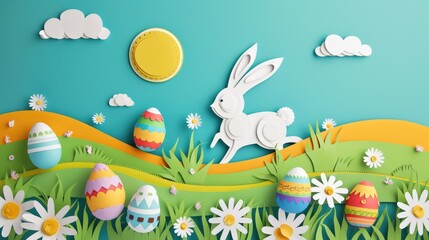 A paper bunny and Easter eggs are surrounded by flowers and plants in a happy meadow. The natural...