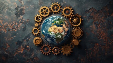 World globe surrounded by golden gears on a textured background