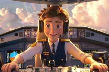 A young man in a pilot's uniform is smiling as he flies a plane - obrazy, fototapety, plakaty