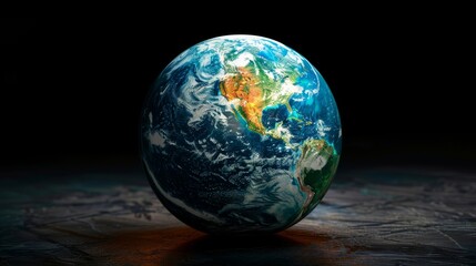 Realistic Earth globe with detailed textures on a dark wood background

