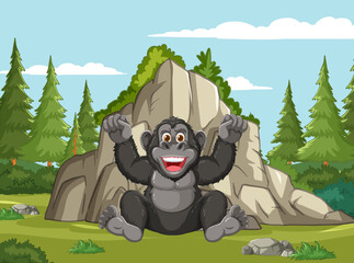 Cheerful gorilla sitting by a large rock outdoors