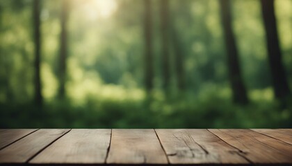 A realistic wooden table with detailed textures sits against a blurred green backdrop, evoking a forest or garden ambiance.