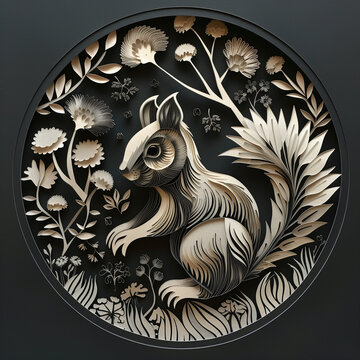 Paper cut black squirrel in white flowers in round frame on black background