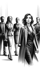 The newly hired executive woman in sharp focus and the group of four employees in stylish business attire in the background. Ink wash style, black and white