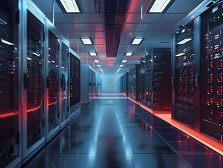 Rows of Servers and Cables in a Clean Sleek Data Center with Neon Lighting and a Futuristic Aesthetic