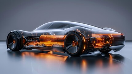 Futuristic car showcasing its transparent engine bay with glowing, advanced nanotechnology batteries and fuel cells - obrazy, fototapety, plakaty