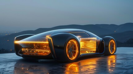 Futuristic car showcasing its transparent engine bay with glowing, advanced nanotechnology batteries and fuel cells