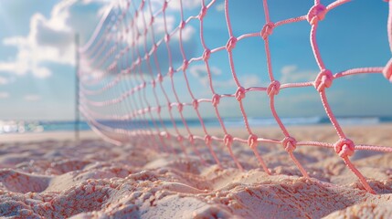 Volleyball net 3d handmade style anchored in the sand, Beach volleyball net, summer vacation, sport concept. - obrazy, fototapety, plakaty