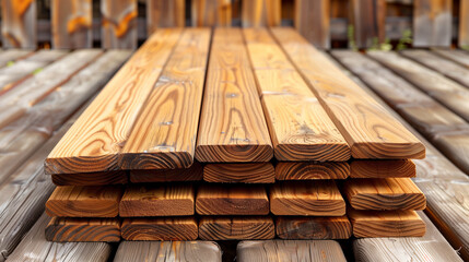 Perspective angle of wooden planks in close-up at a lumber warehouse. Background of boards.