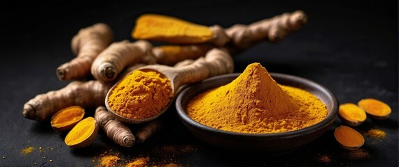 Turmeric on a black background. Free space for text.