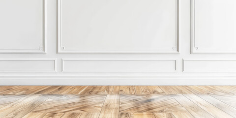 White wall with paneling and parquet floor, empty room interior with wall panels molding and wooden floor, copy space	