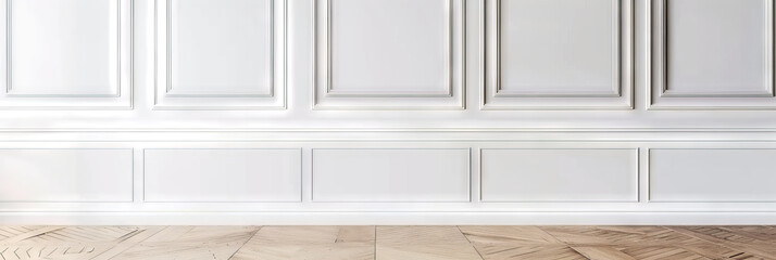 White wall with paneling and parquet floor, empty room interior with wall panels molding and wooden floor, copy space - obrazy, fototapety, plakaty