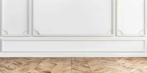 White wall with paneling and parquet floor, empty room interior with wall panels molding and wooden floor, copy space - obrazy, fototapety, plakaty