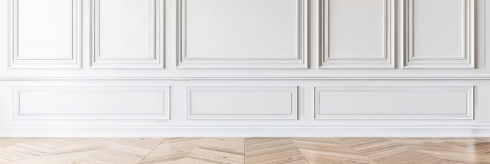 White wall with paneling and parquet floor, empty room interior with wall panels molding and wooden floor, copy space
