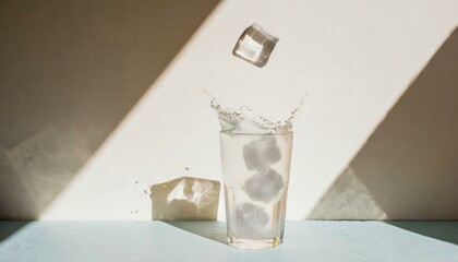 The silhouette of ice cubes falling into a glass of water, with the resulting splash casting intricate shadows on a plain, light-colored wall behind it, creating a play of light and darkness