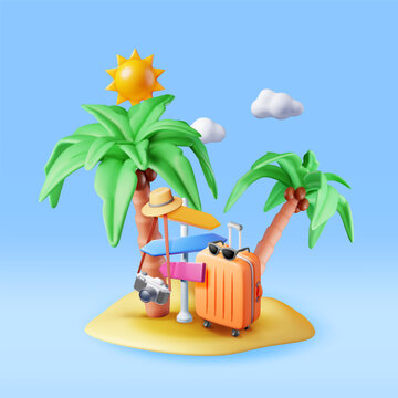 3d Island with Travel Bag, Palm Tree and Pointer. Render Photo Camera, Suitcase and Tropic Shore. Travel Element. Holiday or Vacation. Summer Transportation Concept. Vector Illustration