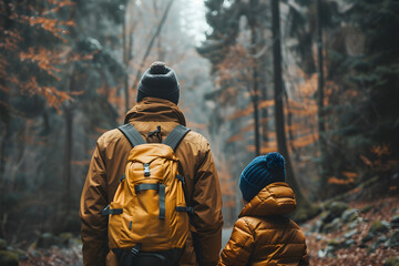 Rear view of a child and parent in a forest, enjoying nature and contemplating the beauty of the surroundings. - obrazy, fototapety, plakaty