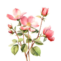 Obraz premium Beautiful watercolor tender rose hip flower isolated on white background. A rose pink realistic PNG wild rose illustration pattern design for card, home decor or wedding invitation