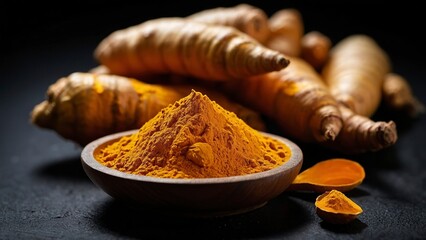 Turmeric on a black background. Free space for text.