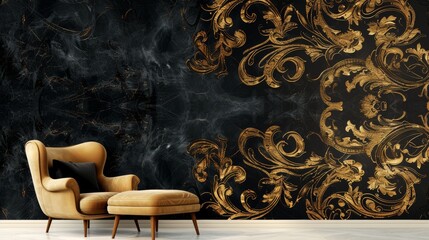 Luxurious wallpaper with dark golden flourishes on black, depth-enhanced design for an opulent ambiance