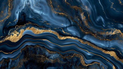 Luxurious 3D wallpaper, dark blue and gold marble with agate ripples, embodying fluid art luxury - obrazy, fototapety, plakaty