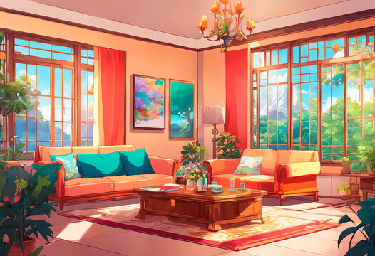 Colorful illustration of a house in anime style.