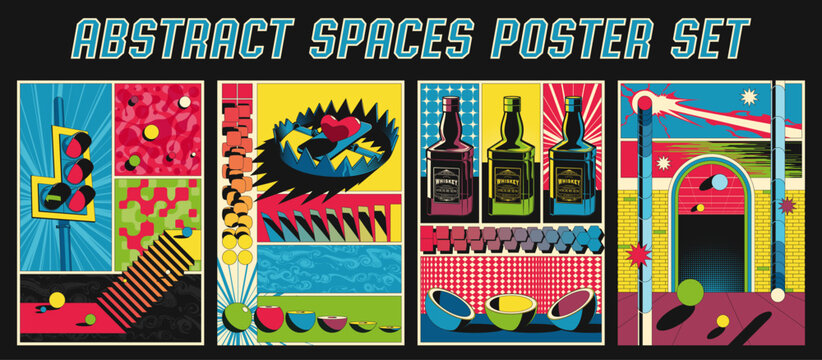 Abstract Spaces Poster Set. 1980s Colors and Style Illustrations. Traffic Light, Trap, Whiskey, Door and Brick Wall