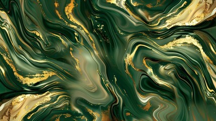 3D wallpaper of liquid marble, golden swirls over a green backdrop, luxurious and dynamic - obrazy, fototapety, plakaty