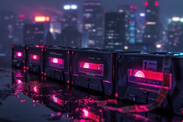 Cassettes illuminated by neon lights reflecting on a surface with a cityscape backdrop.