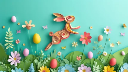 Plexiglas foto achterwand A white rabbit is leaping through a colorful field of blooming flowers and eggs, surrounded by lush green grass and vibrant petals, creating a beautiful and whimsical scene AIG42E © Summit Art Creations