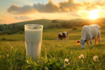 A glass of milk in a field at sunrise with cows in the background.