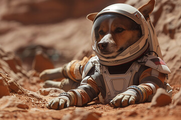 A dog wearing a space suit is lying on the ground. The space suit is designed for a space mission to colonize Mars, and the dog appears to be in a restful position