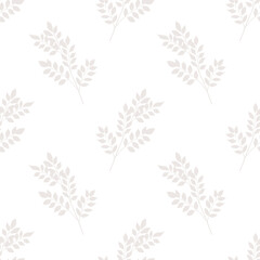Minimalist pastel floral seamless pattern, tree branches or laurel twigs with leaves of light grey color on white background. Vector illustration for wallpaper, fabric or package design and print.