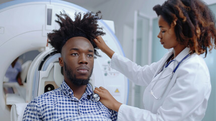 A black man is doing an MRI at the clinic, with a female doctor standing next to him - obrazy, fototapety, plakaty